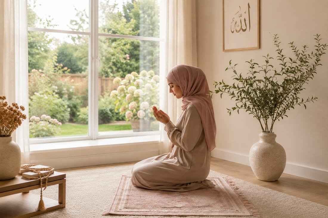 Femme musulmane sereine sur son tapis de prière à la maison
